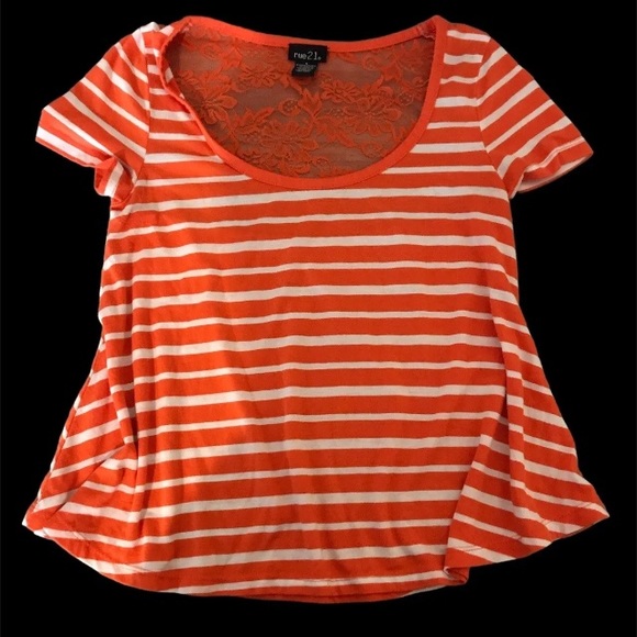 Rue 21 Orange White Stripped Short Sleeve Shirt Woman Size Small - Picture 4 of 5